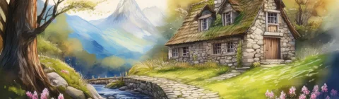 Firefly Beautiful cozy fantasy stone cottage in a spring forest aside a cobblestone path and a babbl